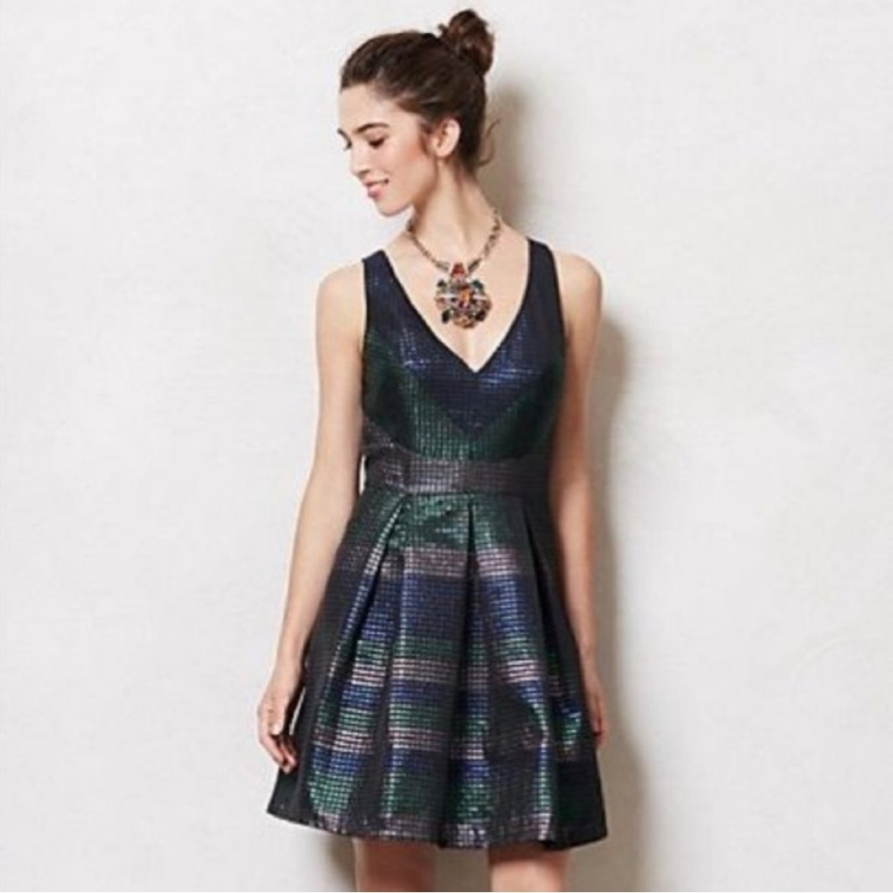 Anthro EVA FRANCO 2P Iridescent Metallic Chevron Fit Flare Cocktail Skater Dress